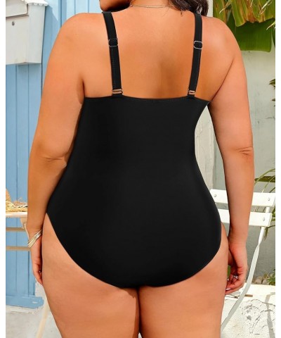 Women Plus Size One Piece Swimsuits V Neck Tummy Control Bathing Suits Front Cross Swimwear Solid Black $16.79 Swimsuits