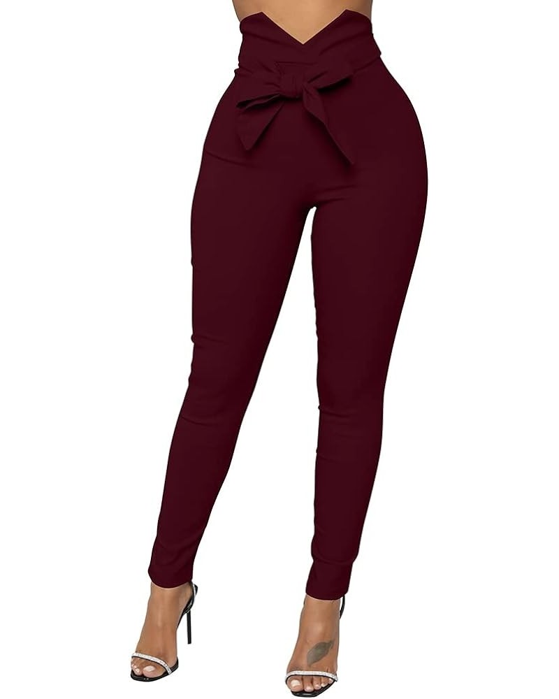 Women's Casual High Waist Stretch Trousers Solid Pencil Pants with Tie Winered $14.26 Pants