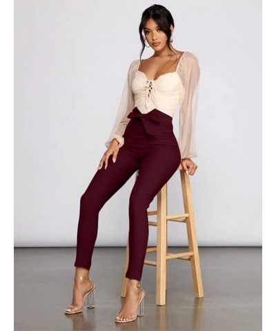 Women's Casual High Waist Stretch Trousers Solid Pencil Pants with Tie Winered $14.26 Pants