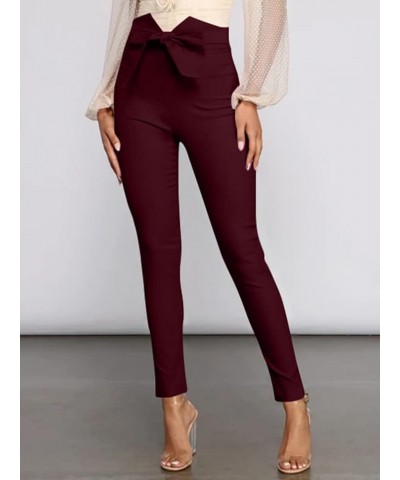 Women's Casual High Waist Stretch Trousers Solid Pencil Pants with Tie Winered $14.26 Pants