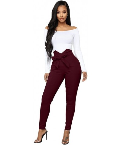 Women's Casual High Waist Stretch Trousers Solid Pencil Pants with Tie Winered $14.26 Pants