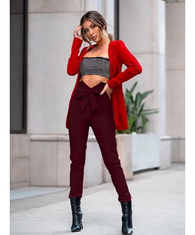 Women's Casual High Waist Stretch Trousers Solid Pencil Pants with Tie Winered $14.26 Pants