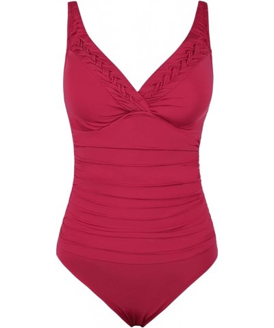 Women's One Piece Swimsuits Pin Tucked Surplice Swimwear Tummy Control Bathing Suits Monokinis Red $21.92 Swimsuits