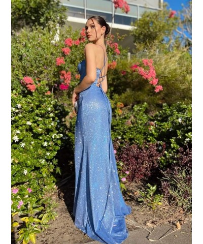Glitter Halter Mermaid Prom Dresses with Slit for Women 2024 Spaghetti Strap Satin Long Formal Evening Gowns 818 Green $32.25...