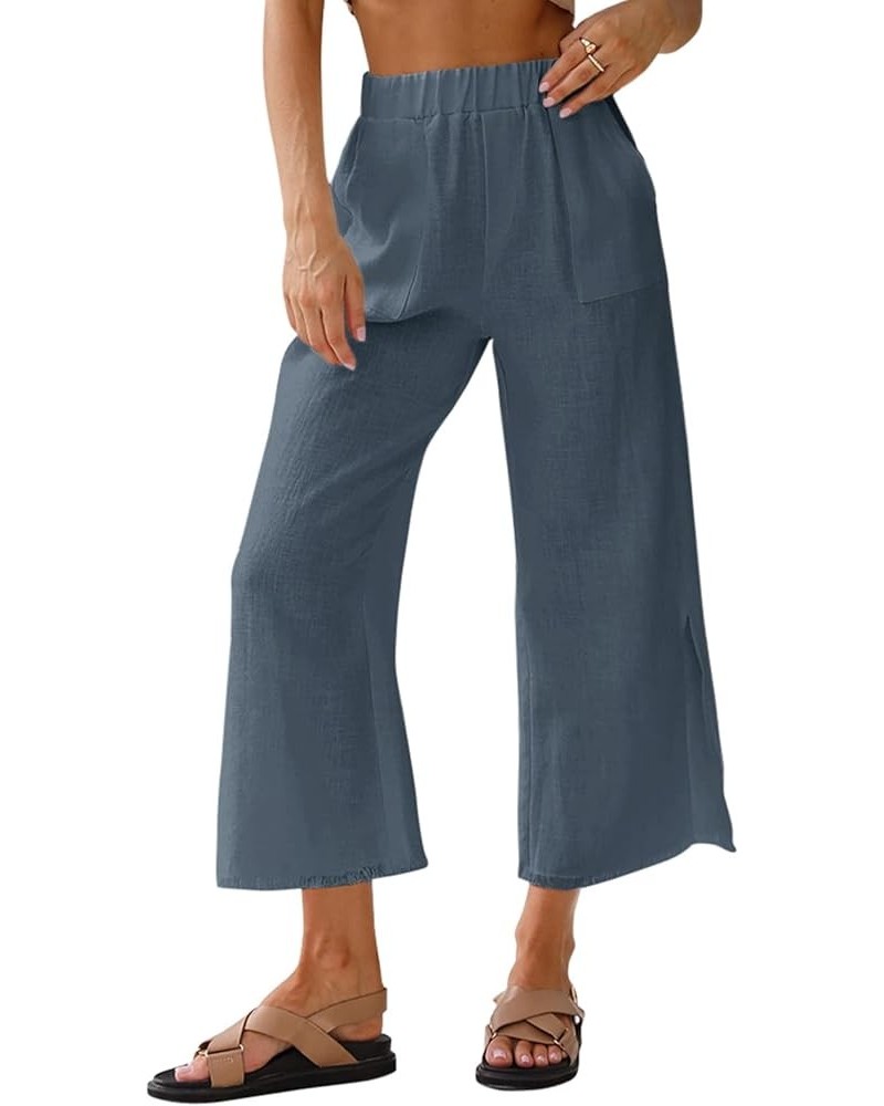 Womens Capri Wide Leg Pants Casual High Waist Linen Palazzo Pants Loose Summer Slacks with Pockets 2024 Blue Grey $20.99 Pants