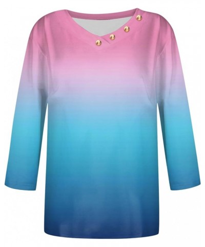 Womens Tops Trendy Summer 3/4 Sleeve Casual Shirts Gradient Color Print V Neck T-Shirt with Button Trim 01-purple Pink $8.43 ...