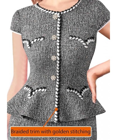 Womens Tweed Buttons Peplum Work Office Business Bodycon Crew Neck Braided Trim Patchwork Slim Career Pencil Dress Black Twee...