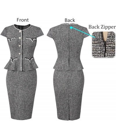 Womens Tweed Buttons Peplum Work Office Business Bodycon Crew Neck Braided Trim Patchwork Slim Career Pencil Dress Black Twee...