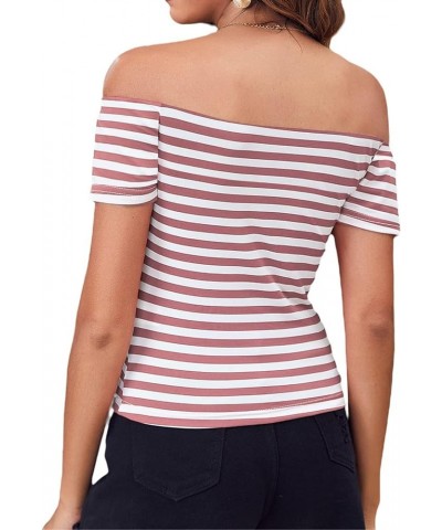 Women's Short Sleeve Vogue Fitted Off Shoulder Shirt Modal Top T-Shirt Pink Stripe $8.99 T-Shirts
