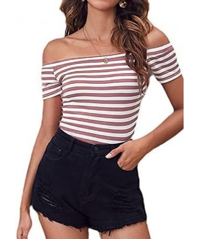 Women's Short Sleeve Vogue Fitted Off Shoulder Shirt Modal Top T-Shirt Pink Stripe $8.99 T-Shirts