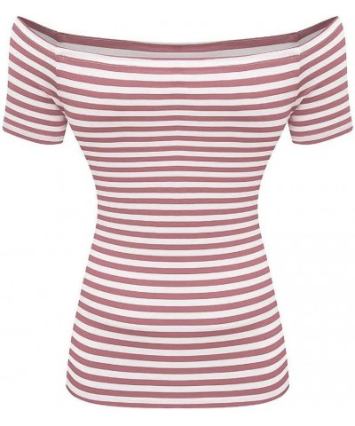 Women's Short Sleeve Vogue Fitted Off Shoulder Shirt Modal Top T-Shirt Pink Stripe $8.99 T-Shirts