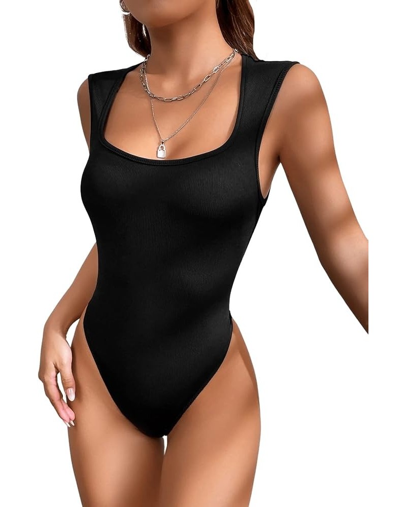 Women's Solid Square Neck Sleeveless Rib Knit Tank Bodysuit Jumpsuit Black $9.43 Bodysuits