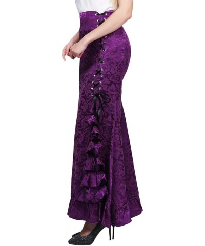 Women's Gothic Vintage Victorian Steampunk Lace-Up Tiered Ruffled Fishtail Mermaid Maxi Skirt Purple $12.00 Others