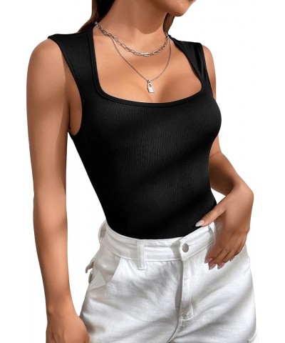 Women's Solid Square Neck Sleeveless Rib Knit Tank Bodysuit Jumpsuit Black $9.43 Bodysuits