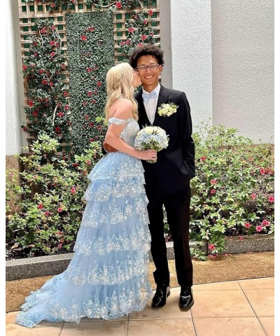 Tiered Lace Tulle Prom Dresses Slit Long Spaghetti Straps Sparkly Corset Formal Evening Party Gown for Women Silver $42.80 Dr...