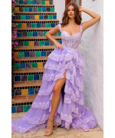 Tiered Lace Tulle Prom Dresses Slit Long Spaghetti Straps Sparkly Corset Formal Evening Party Gown for Women Silver $42.80 Dr...
