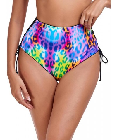 Women's High Waisted Reversible Bikini Bottom Black+purple Leopard $11.43 Swimsuits