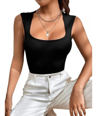 Women's Solid Square Neck Sleeveless Rib Knit Tank Bodysuit Jumpsuit Black $9.43 Bodysuits
