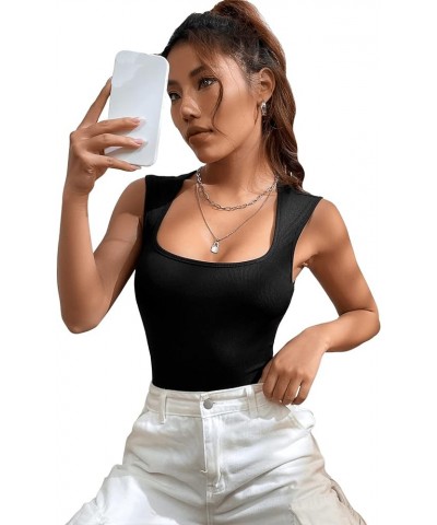 Women's Solid Square Neck Sleeveless Rib Knit Tank Bodysuit Jumpsuit Black $9.43 Bodysuits
