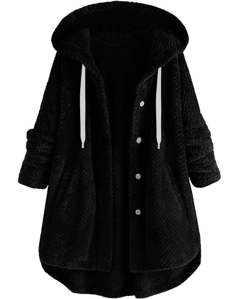 Women Winter Cute Fleece Coat Long Sleeve Button Plush Hooded Jacket Oversized Windproof Outwear Plus Size A-black $7.79 Jackets