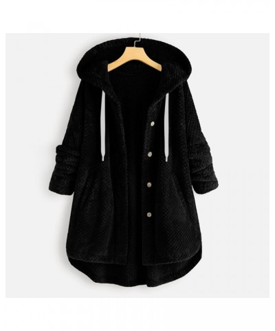 Women Winter Cute Fleece Coat Long Sleeve Button Plush Hooded Jacket Oversized Windproof Outwear Plus Size A-black $7.79 Jackets