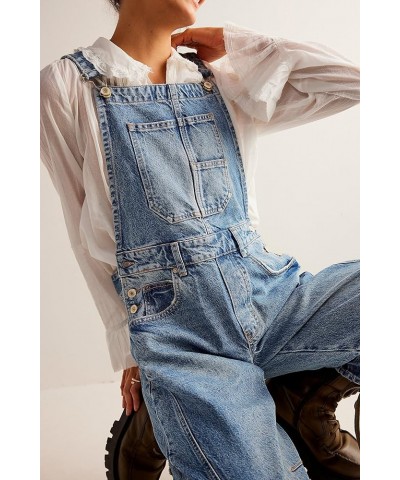 Women's Denim Overall Casual Straight Wide Leg Bib Jeans Overall Adjustable Straps Denim Romper Stretch Jumpsuits Blue $25.36...