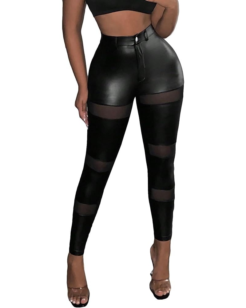 Women's Contrast Mesh Skinny High Waist PU Leather Cropped Pants Black $14.45 Leggings