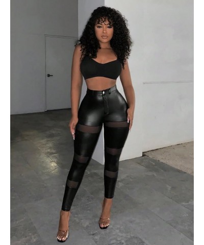 Women's Contrast Mesh Skinny High Waist PU Leather Cropped Pants Black $14.45 Leggings