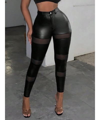 Women's Contrast Mesh Skinny High Waist PU Leather Cropped Pants Black $14.45 Leggings