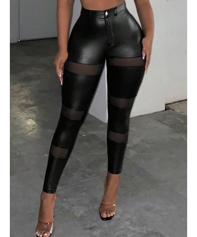 Women's Contrast Mesh Skinny High Waist PU Leather Cropped Pants Black $14.45 Leggings