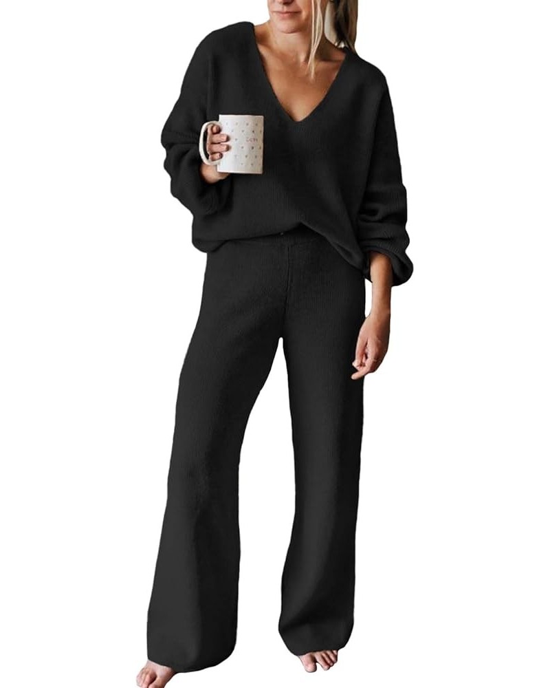 Women 2 Piece Outfits V Neck Sweater Wide Leg Sweatsuit Rib Knit Lounge Sets Leisure Wear A-black $29.40 Activewear
