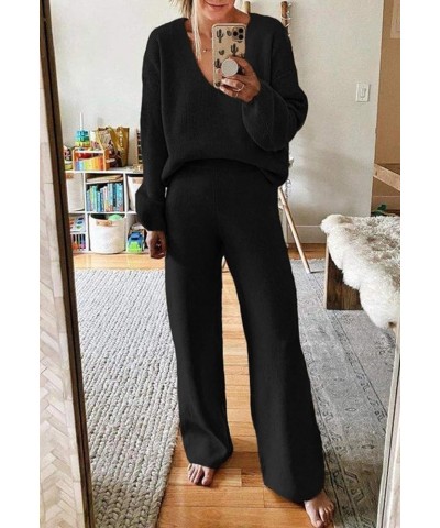 Women 2 Piece Outfits V Neck Sweater Wide Leg Sweatsuit Rib Knit Lounge Sets Leisure Wear A-black $29.40 Activewear