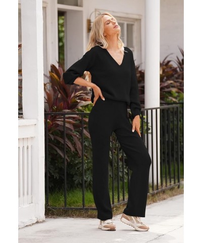 Women 2 Piece Outfits V Neck Sweater Wide Leg Sweatsuit Rib Knit Lounge Sets Leisure Wear A-black $29.40 Activewear