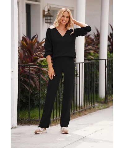 Women 2 Piece Outfits V Neck Sweater Wide Leg Sweatsuit Rib Knit Lounge Sets Leisure Wear A-black $29.40 Activewear