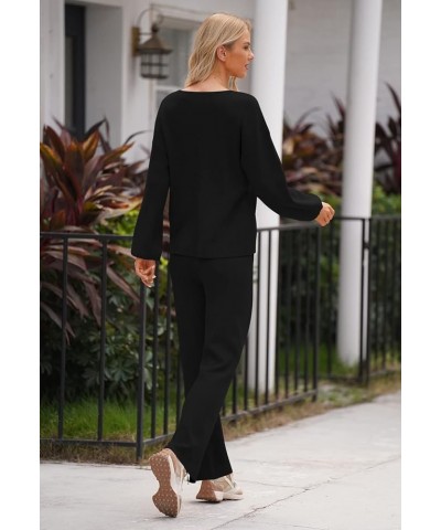 Women 2 Piece Outfits V Neck Sweater Wide Leg Sweatsuit Rib Knit Lounge Sets Leisure Wear A-black $29.40 Activewear