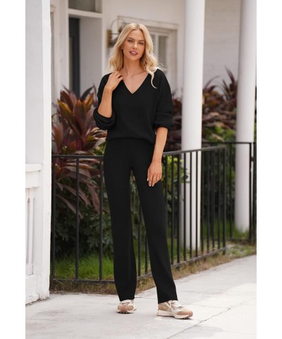 Women 2 Piece Outfits V Neck Sweater Wide Leg Sweatsuit Rib Knit Lounge Sets Leisure Wear A-black $29.40 Activewear