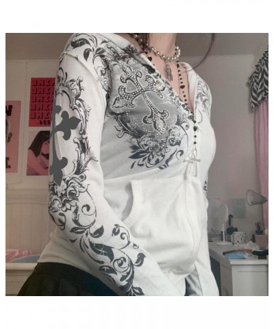 Women Goth Graphic Hoodie Sweatshirt Vintage Print Zip Up Crop Shirt Hooded Y2k Harajuku Streetwear Jacket Pockets C 44 White...