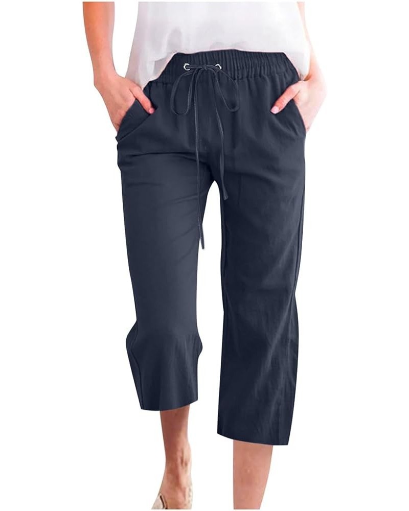Capri Pants for Women High Waisted Wide Leg Leggings Lightweight Summer Fashion Linen Cropped Trousers with Pockets 2-navy $8...