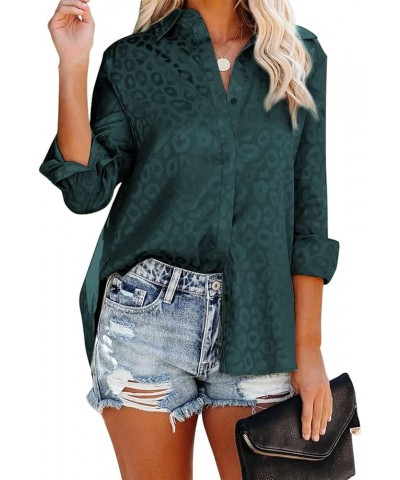 Womens V Neck Satin Embossed Roll up Sleeve Button Down Blouses Top T Deep Green $16.31 Blouses