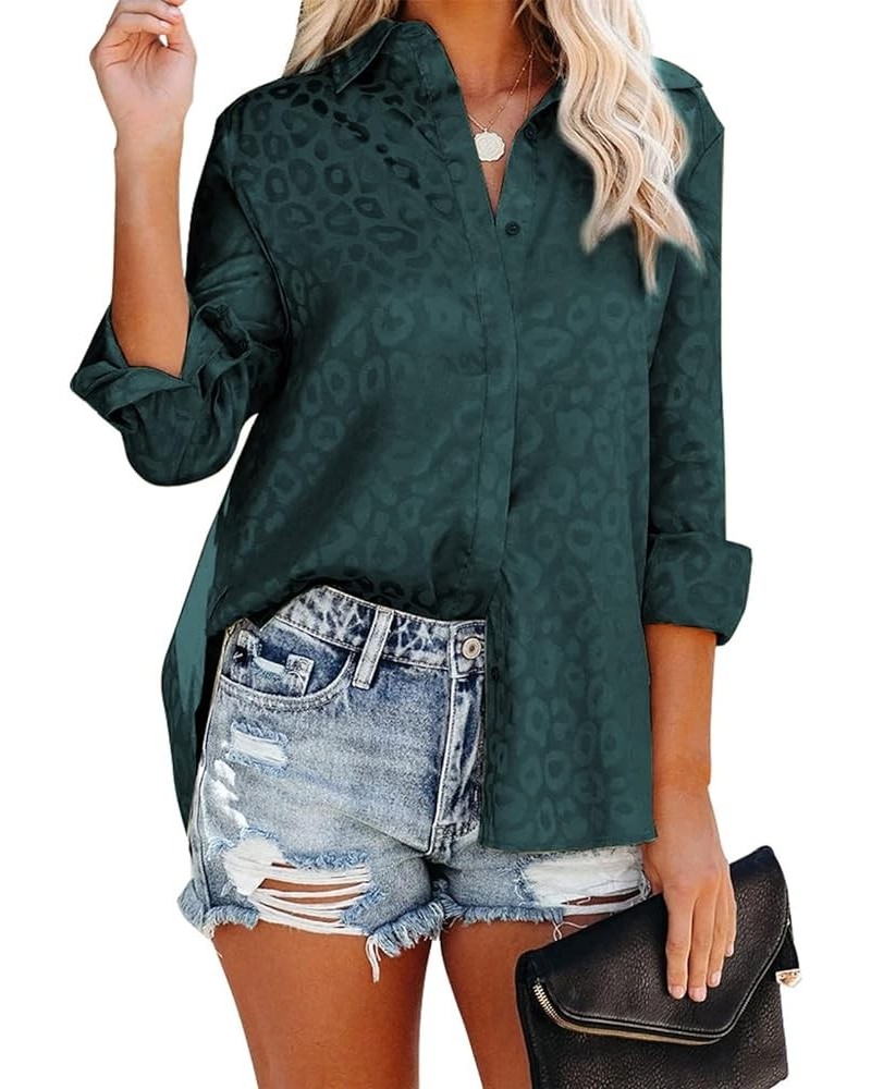 Womens V Neck Satin Embossed Roll up Sleeve Button Down Blouses Top T Deep Green $16.31 Blouses