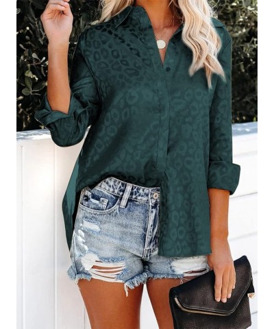 Womens V Neck Satin Embossed Roll up Sleeve Button Down Blouses Top T Deep Green $16.31 Blouses