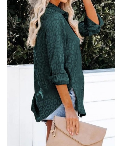 Womens V Neck Satin Embossed Roll up Sleeve Button Down Blouses Top T Deep Green $16.31 Blouses