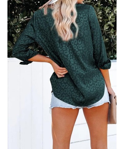 Womens V Neck Satin Embossed Roll up Sleeve Button Down Blouses Top T Deep Green $16.31 Blouses