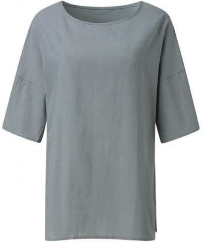 Linen Shirts for Women Plus Size 3/4 Length Sleeve Tops Casual Loose Fit Round Neck Tees 2024 Summer Fashion Blouse Linen Shi...