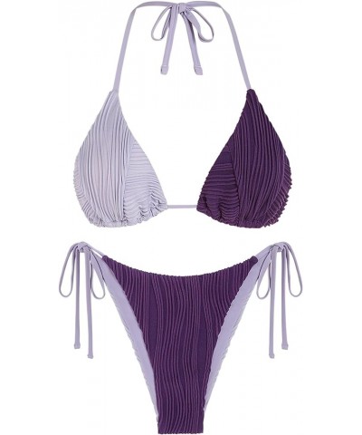 Bikini Sets for Women Halter Two Piece Swimsuit Ribbed High Cut Tie Side Thong Bathing Suit Sexy Padded Swimwear Purple $19.2...