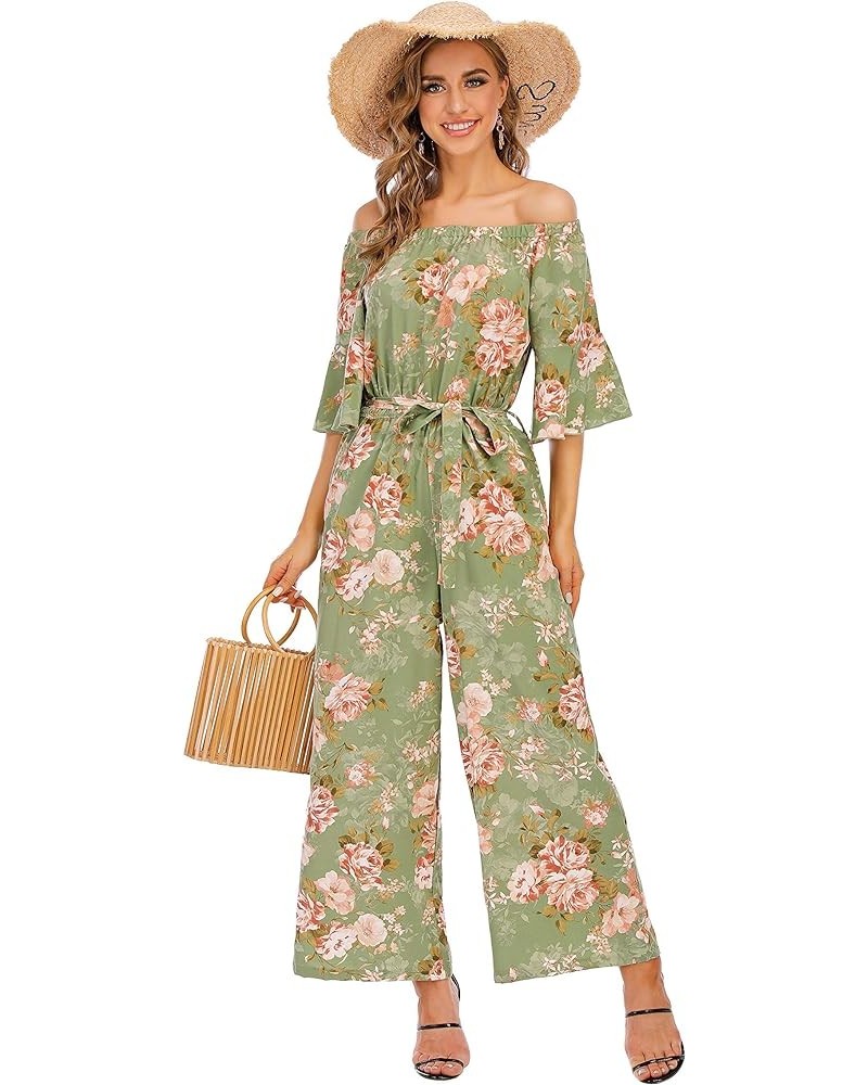 Jumpsuits for Women, Floral Off Shoulder Ruffled Short Sleeve High Waist Wide Leg Pants Romper Dressy Green Peony $13.08 Jump...