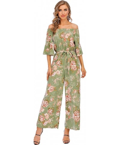 Jumpsuits for Women, Floral Off Shoulder Ruffled Short Sleeve High Waist Wide Leg Pants Romper Dressy Green Peony $13.08 Jump...