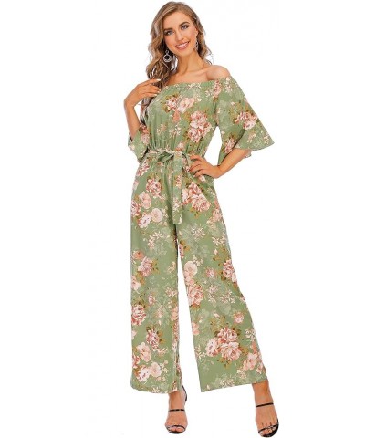 Jumpsuits for Women, Floral Off Shoulder Ruffled Short Sleeve High Waist Wide Leg Pants Romper Dressy Green Peony $13.08 Jump...
