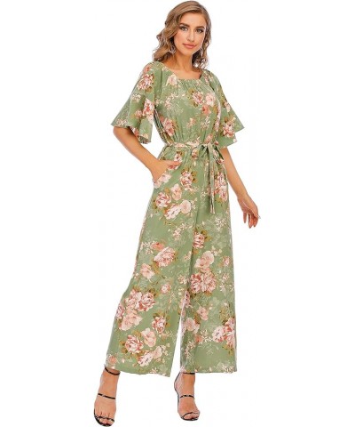 Jumpsuits for Women, Floral Off Shoulder Ruffled Short Sleeve High Waist Wide Leg Pants Romper Dressy Green Peony $13.08 Jump...