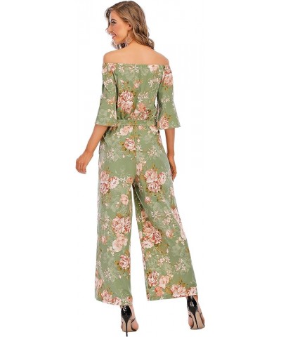 Jumpsuits for Women, Floral Off Shoulder Ruffled Short Sleeve High Waist Wide Leg Pants Romper Dressy Green Peony $13.08 Jump...